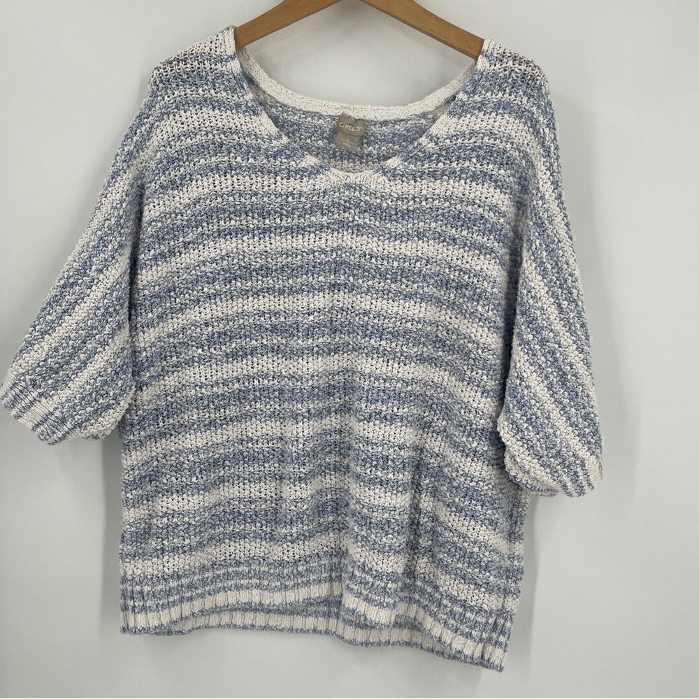 Chico's Striped Knit V-Neck 3/4 Sleeve Relaxed Pullover Sweater Top